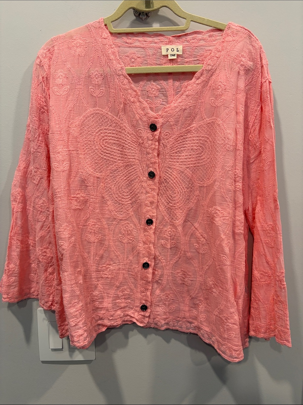 POL Coral Pink Embroidered Button-Front Top